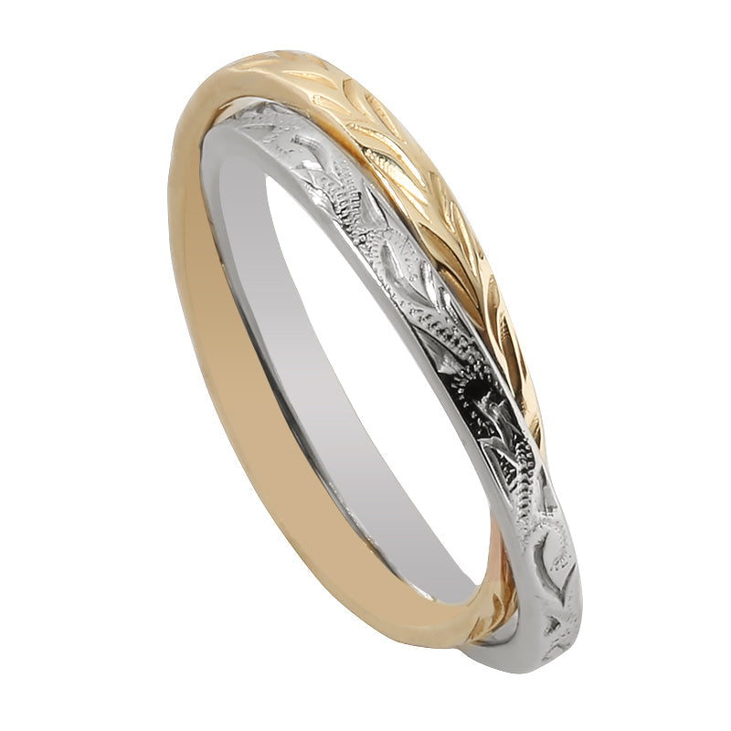 14K Gold Custom-Made 2 in 1 Hawaiian Heirloom Scroll and Maile Leaf Engraving Flat Ring 3mm