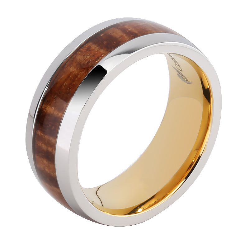 Cobalt Two-Tone Yellow Gold Plated Curly Koa Wood Oval Wedding Ring 8mm