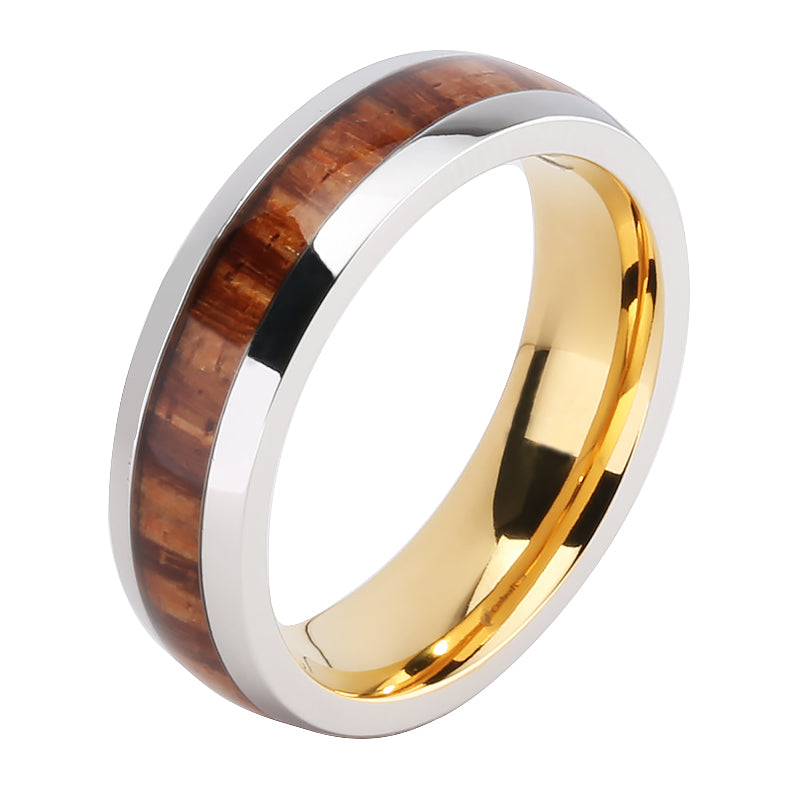 Cobalt Two-Tone Yellow Gold Plated Curly Koa Wood Oval Wedding Ring 6mm