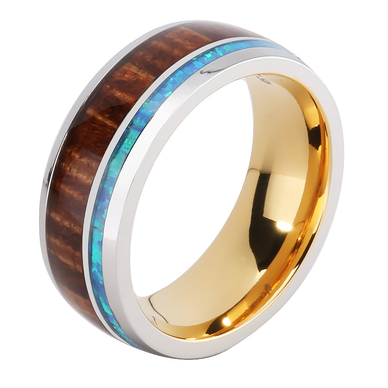 Cobalt Two-Tone Yellow Gold Plated Curly Koa Wood and Opal Oval Wedding Ring 8mm