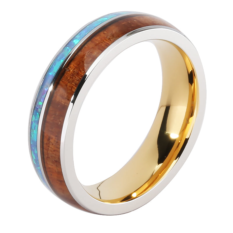 Cobalt Two-Tone Yellow Gold Plated Curly Koa Wood and Opal Oval Wedding Ring 6mm