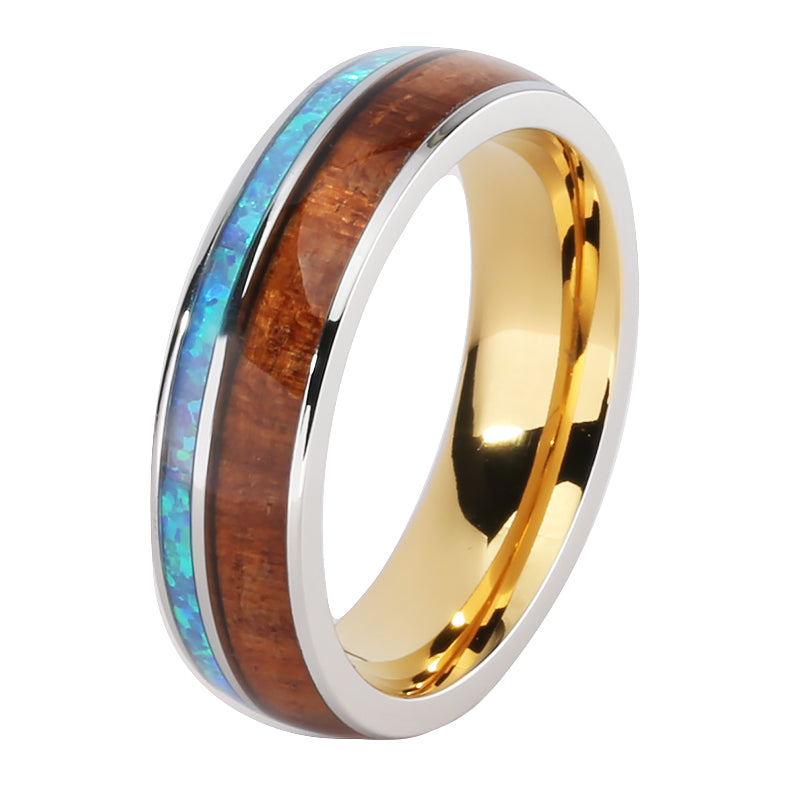 Cobalt Two-Tone Yellow Gold Plated Curly Koa Wood and Opal Oval Wedding Ring 6mm