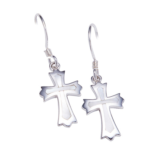 Sterling Silver Cross Hook Earring with Mother-of-pearl Inlay