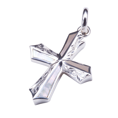 Hawaiian Scroll Engraving Cross Pendant with Mother-of-pearl Inlay(Chain sold separately)