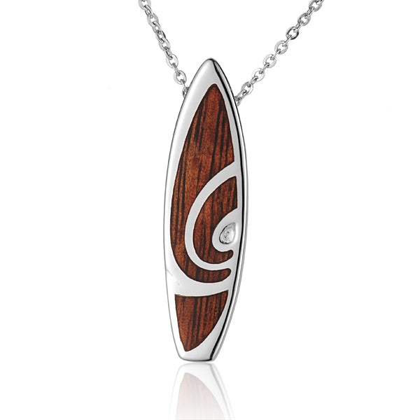 Hawaiian Jewelry Koa Wood inlaid Solid Silver Surfboard Pendant