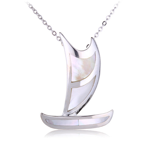 Polynesian Voyaging Canoe Sterling Silver Pendant with Mother-of-pearl Inlay Large