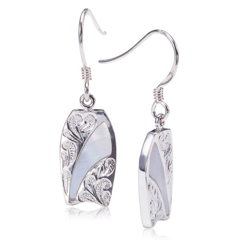 Sterling Silver Surfboard Hook Earring with Scrolling and Mother-of-Pearl Inlay