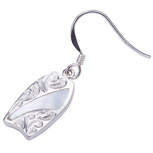 Sterling Silver Surfboard Hook Earring with Scrolling and Mother-of-Pearl Inlay