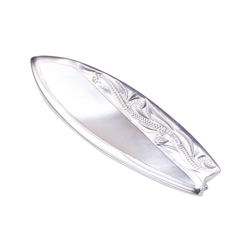 Sterling Silver Surfboard Pendant with Scrolling and Mother-of-Pearl Inlay(Chain Sold Separately)