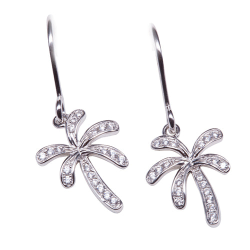 Palm Tree Sterling Silver Hook Earring Pave Cubic Zirconia