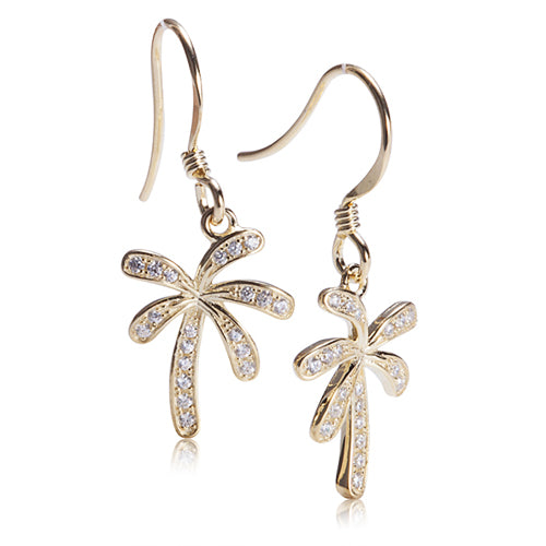 Palm Tree Sterling Silver Hook Earring Yellow Gold Plated Cubic Pave Zirconia