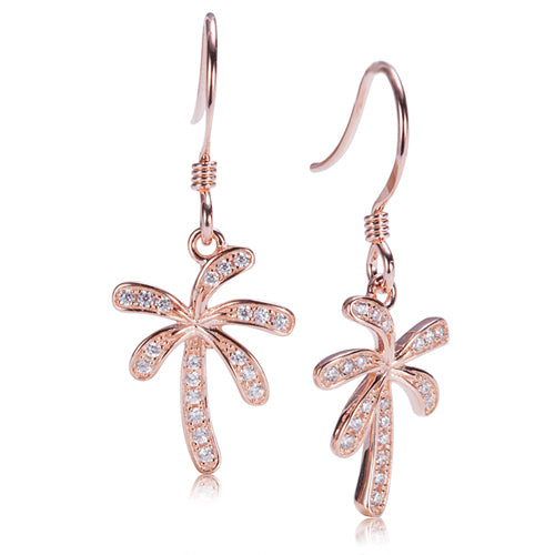 Palm Tree Sterling Silver Hook Earring Pink Gold Plated Pave Cubic Zirconia