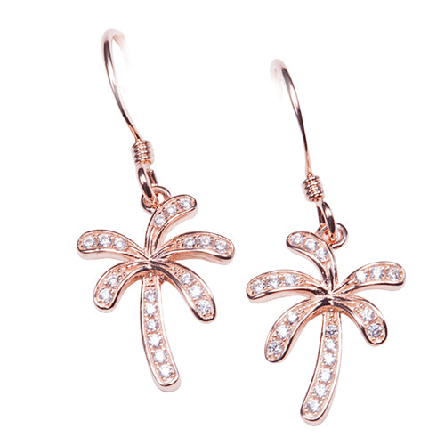 Palm Tree Sterling Silver Hook Earring Pink Gold Plated Pave Cubic Zirconia