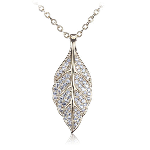 Sterling Silver Yellow Gold Plated Pave Cubic Zirconia Maile Leaf Pendant(Chain Sold Separately)