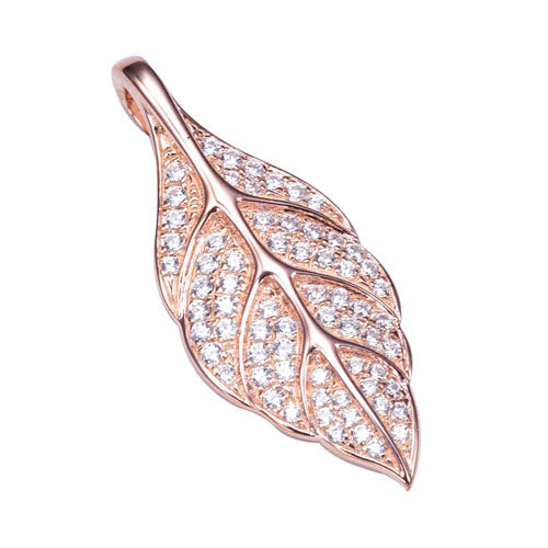 Sterling Silver Pink Gold Plated Pave Cubic Zirconia Maile Leaf Pendant(Chain Sold Separately)