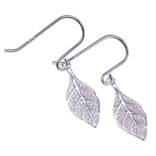 Sterling Silver Pave Cubic Zirconia Maile Leaf Hook Earring