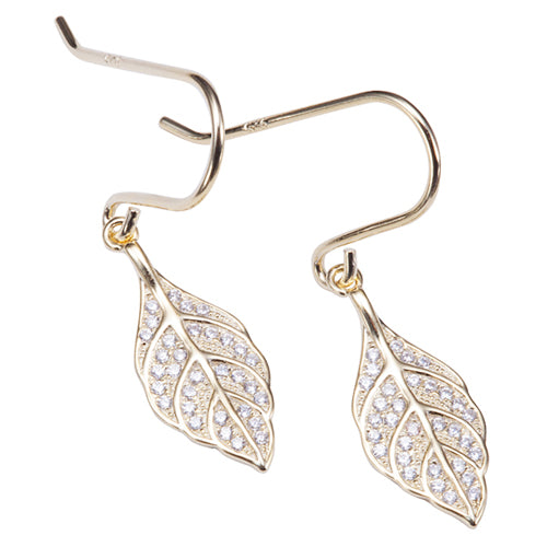Sterling Silver Yellow Gold Plated Pave Cubic Zirconia Maile Leaf Hook Earring
