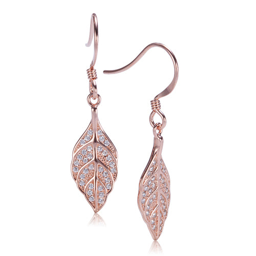 Sterling Silver Pink Gold Plated Pave Cubic Zirconia Maile Leaf Earring