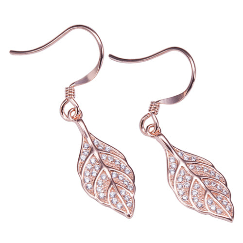 Sterling Silver Pink Gold Plated Pave Cubic Zirconia Maile Leaf Earring