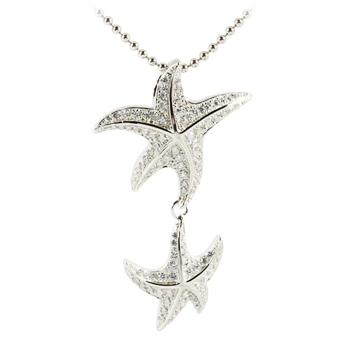 Sterling Silver Rhodium Double Starfish Pave CZ Pendant
