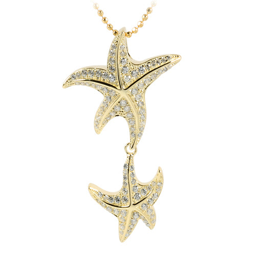 Sterling Silver Yellow Gold Plated Double Starfish Pave CZ Pendant
