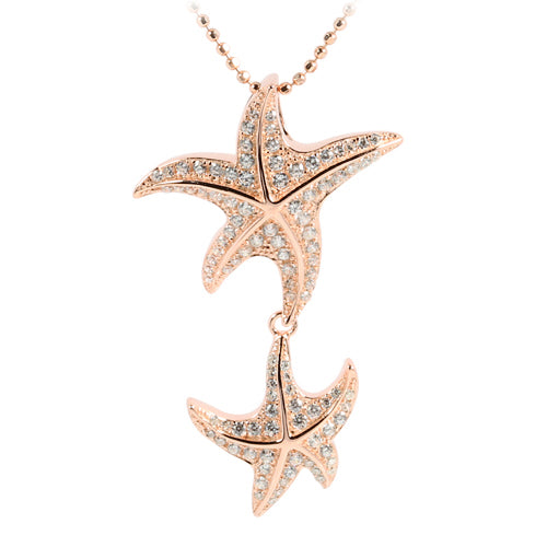 Sterling Silver Pink Gold Plated Double Starfish Pave CZ Pendant