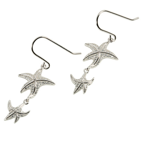 Rhodium Double Starfish Pave CZ Hook Earring