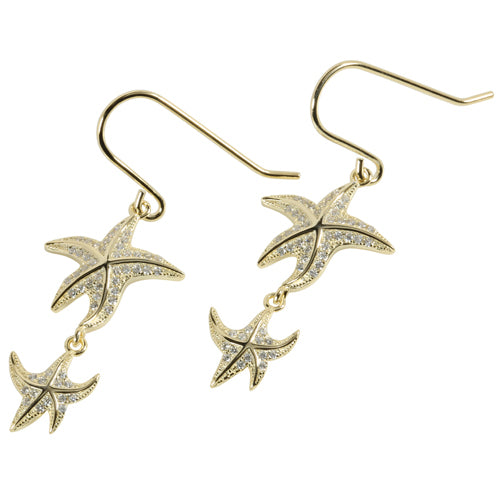 Yellow Gold Plated Sterling Silver Double Starfish Pave CZ Hook Earring