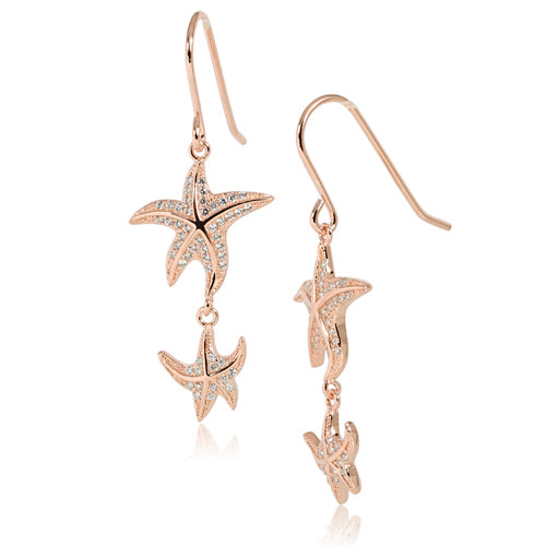 Pink Gold Plated Sterling Silver Double Starfish Pave CZ Hook Earring