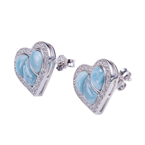 Larimar CZ Inlaid Sterling Silver Heart Post Earring