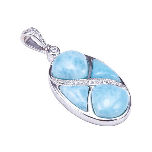 Sterling Silver Oval Pendant Larimar CZ Inlaid(Chain Sold Separately)