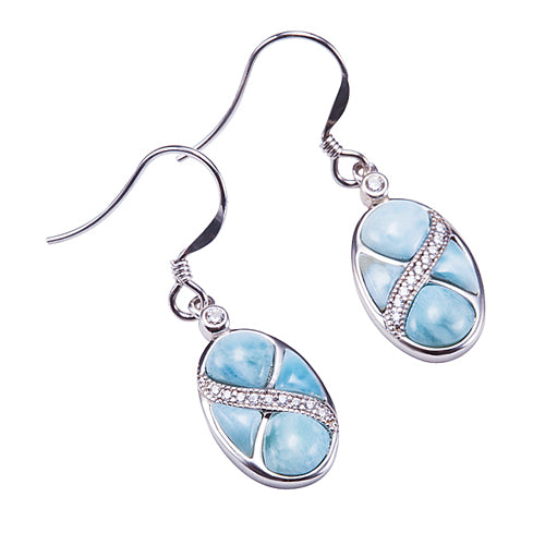 Sterling Silver Oval Hook Earring Larimar CZ Inlaid