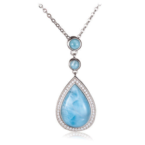 Sterling Silver Larimar Water Drop Pendant with Cubic Zirconia Inlay(Chain Sold Separately)