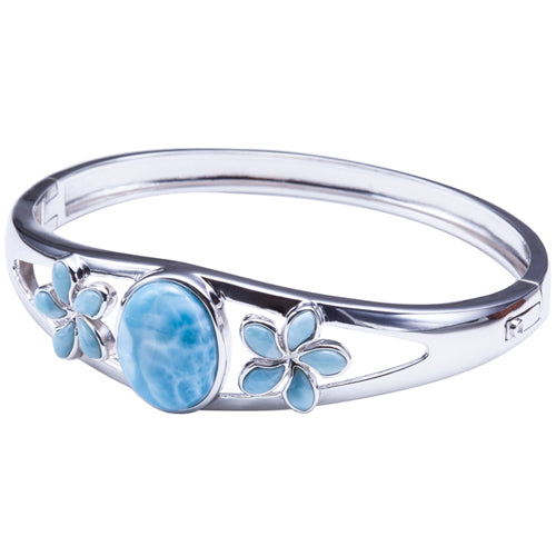 Sterling Silver Larimar Bangle Bracelet with Two Plumerias and one Oval