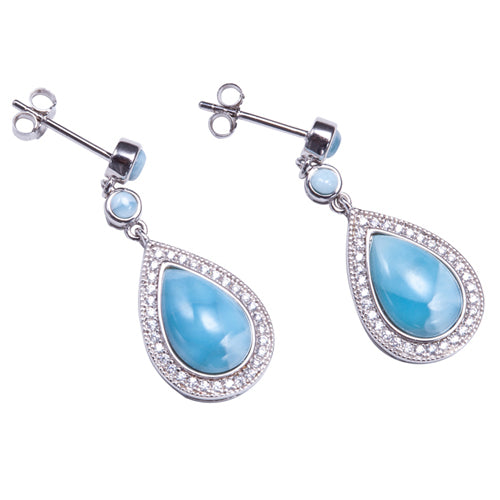 Sterling Silver Larimar Water Drop Stud Earring with Cubic Zirconia Inlay