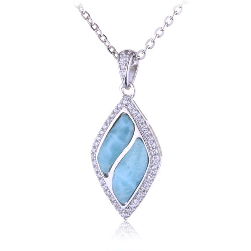 Diamond Shape Larimar Sterling Silver Pendant Pave Cubic Zirconia(Chain Sold Separately)