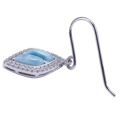 Diamond Shape Larimar Sterling Silver Hook Earring Pave Cubic Zirconia