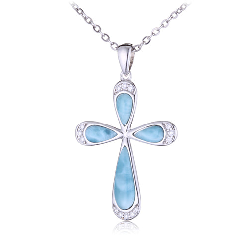 Sterling Silver Larimar Pave Cubic Zirconia Cross Pendant(Chain Sold Separately)