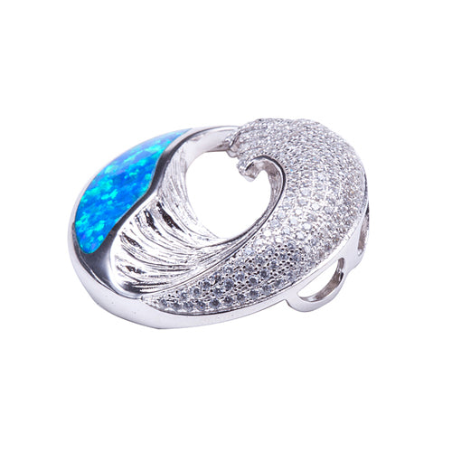 Sterling Silver Pave Cubic Zirconia Wave Pendant with Opal Inlay(Chain Sold Separately)