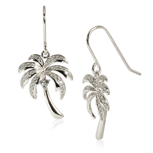 Sterling Silver Rhodium Pave CZ Palm Tree Hook Earring