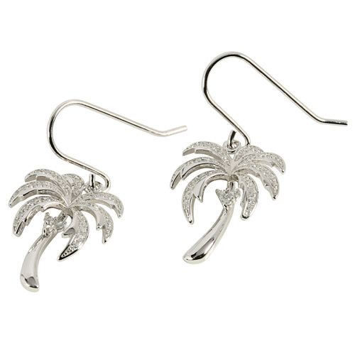 Sterling Silver Rhodium Pave CZ Palm Tree Hook Earring