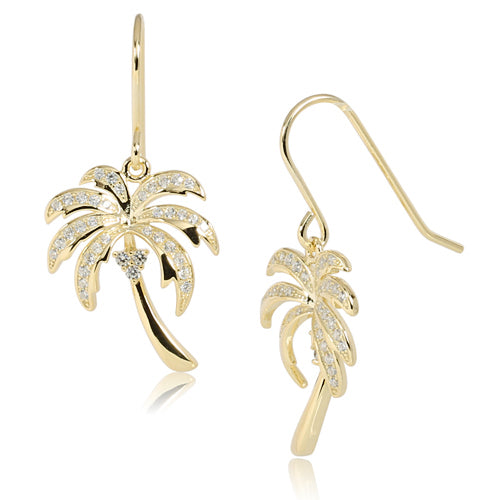 Sterling Silver Pave CZ Palm Tree Hook Earring Yellow Gold Plated