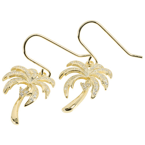 Sterling Silver Pave CZ Palm Tree Hook Earring Yellow Gold Plated