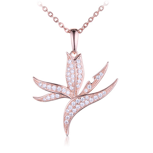 Sterling Silver Pink Gold Plated Pave Cubic Zirconia Bird of Paradise Pendant(Chain Sold Separately)