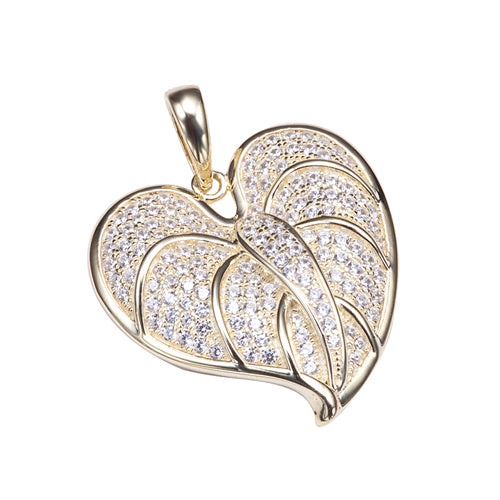 Sterling Silver Anthurium Leaf Pendant Yellow Gold Plated Pave CZ(Chain Sold Separately)
