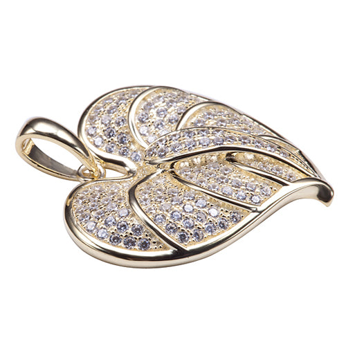 Sterling Silver Anthurium Leaf Pendant Yellow Gold Plated Pave CZ(Chain Sold Separately)