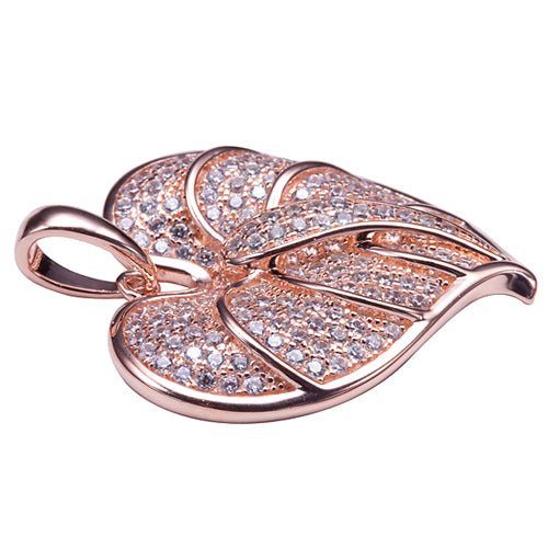 Sterling Silver Anthurium Leaf Pendant Pink Gold Plated Pave CZ(Chain Sold Separately)