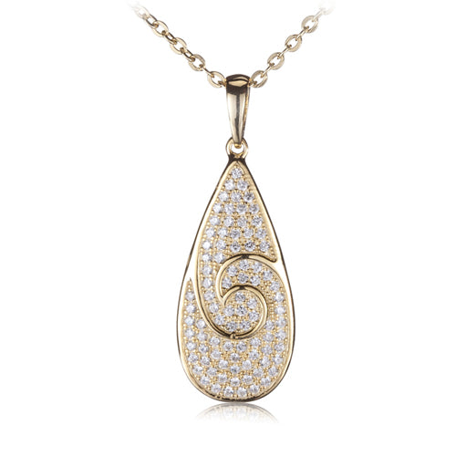 Sterling Silver Yellow Gold Plated Pave Cubic Zirconia Water Drop Shape Pendant(Chain Sold Separately)