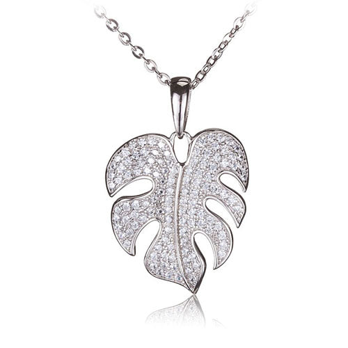 Sterling Silver Pave Cubic Zirconia Monstera Pendant(Chain Sold Separately)