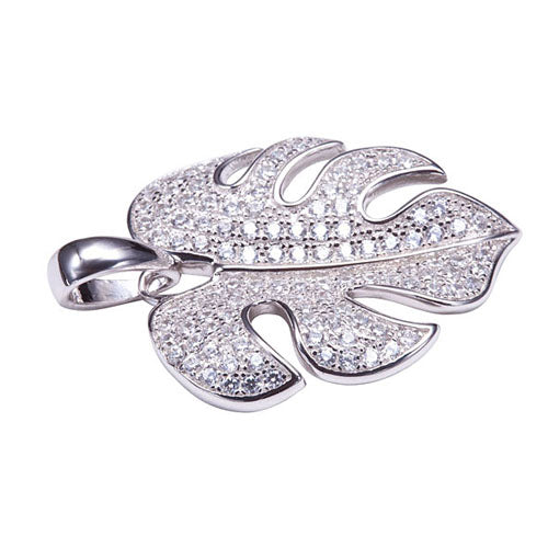 Sterling Silver Pave Cubic Zirconia Monstera Pendant(Chain Sold Separately)